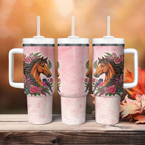 Melbourne Horse Pink Rose Wreath Tumbler With Handle Aussie Galah Cockatoo and Pink Robin