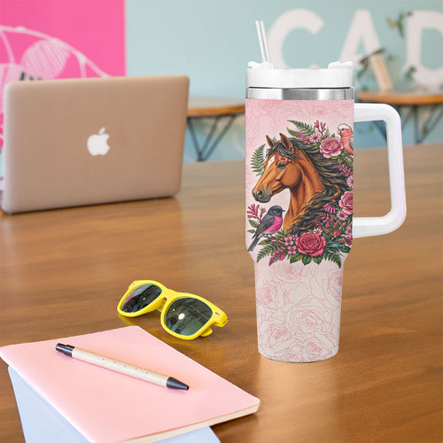 Melbourne Horse Pink Rose Wreath Tumbler With Handle Aussie Galah Cockatoo and Pink Robin