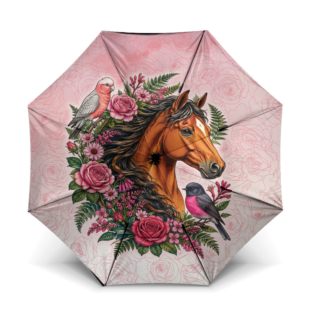 Melbourne Horse Pink Rose Wreath Umbrella Aussie Galah Cockatoo and Pink Robin