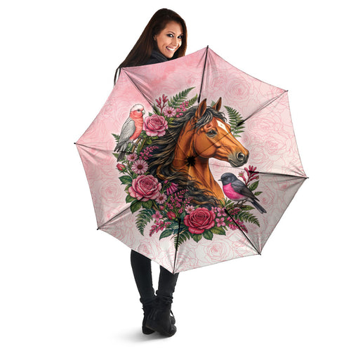 Melbourne Horse Pink Rose Wreath Umbrella Aussie Galah Cockatoo and Pink Robin