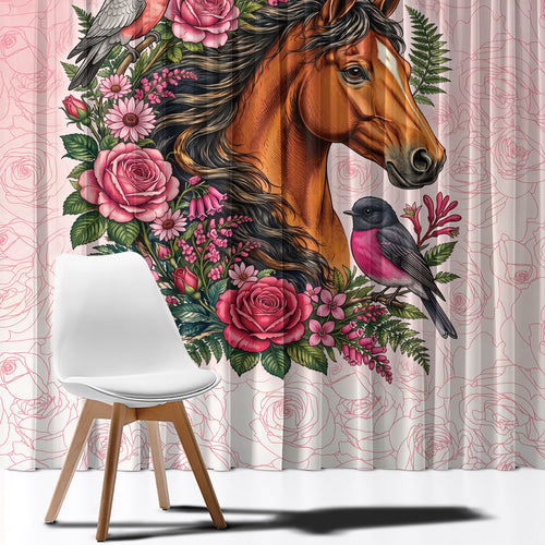 Melbourne Horse Pink Rose Wreath Window Curtain Aussie Galah Cockatoo and Pink Robin