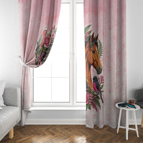 Melbourne Horse Pink Rose Wreath Window Curtain Aussie Galah Cockatoo and Pink Robin