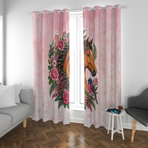 Melbourne Horse Pink Rose Wreath Window Curtain Aussie Galah Cockatoo and Pink Robin