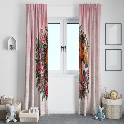 Melbourne Horse Pink Rose Wreath Window Curtain Aussie Galah Cockatoo and Pink Robin