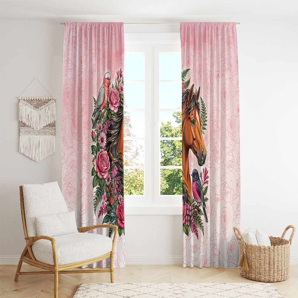 Melbourne Horse Pink Rose Wreath Window Curtain Aussie Galah Cockatoo and Pink Robin