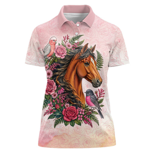 Melbourne Horse Pink Rose Wreath Women Polo Shirt Aussie Galah Cockatoo and Pink Robin