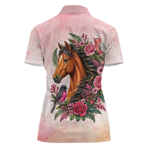 Melbourne Horse Pink Rose Wreath Women Polo Shirt Aussie Galah Cockatoo and Pink Robin