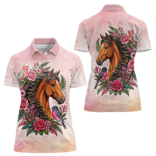 Melbourne Horse Pink Rose Wreath Women Polo Shirt Aussie Galah Cockatoo and Pink Robin