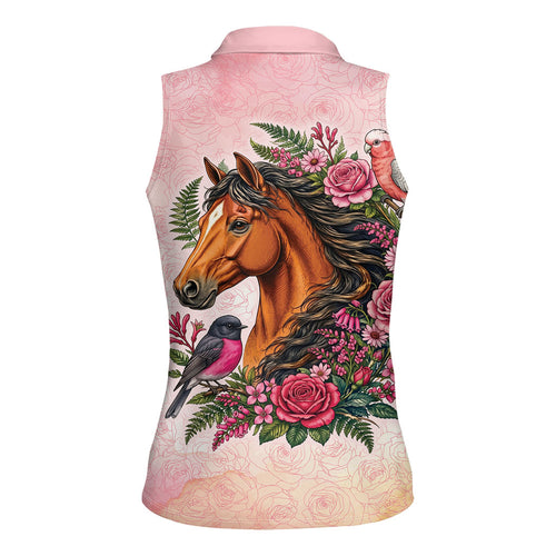 Melbourne Horse Pink Rose Wreath Women Sleeveless Polo Shirt Aussie Galah Cockatoo and Pink Robin