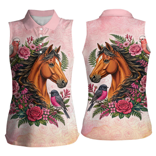 Melbourne Horse Pink Rose Wreath Women Sleeveless Polo Shirt Aussie Galah Cockatoo and Pink Robin