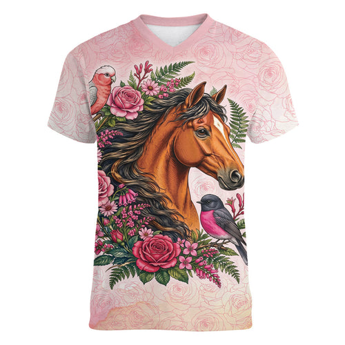 Melbourne Horse Pink Rose Wreath Women V-Neck T-Shirt Aussie Galah Cockatoo and Pink Robin