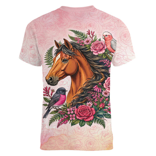 Melbourne Horse Pink Rose Wreath Women V-Neck T-Shirt Aussie Galah Cockatoo and Pink Robin