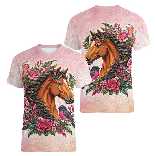 Melbourne Horse Pink Rose Wreath Women V-Neck T-Shirt Aussie Galah Cockatoo and Pink Robin