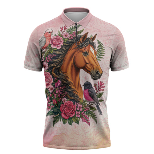 Melbourne Horse Pink Rose Wreath Zipper Polo Shirt Aussie Galah Cockatoo and Pink Robin