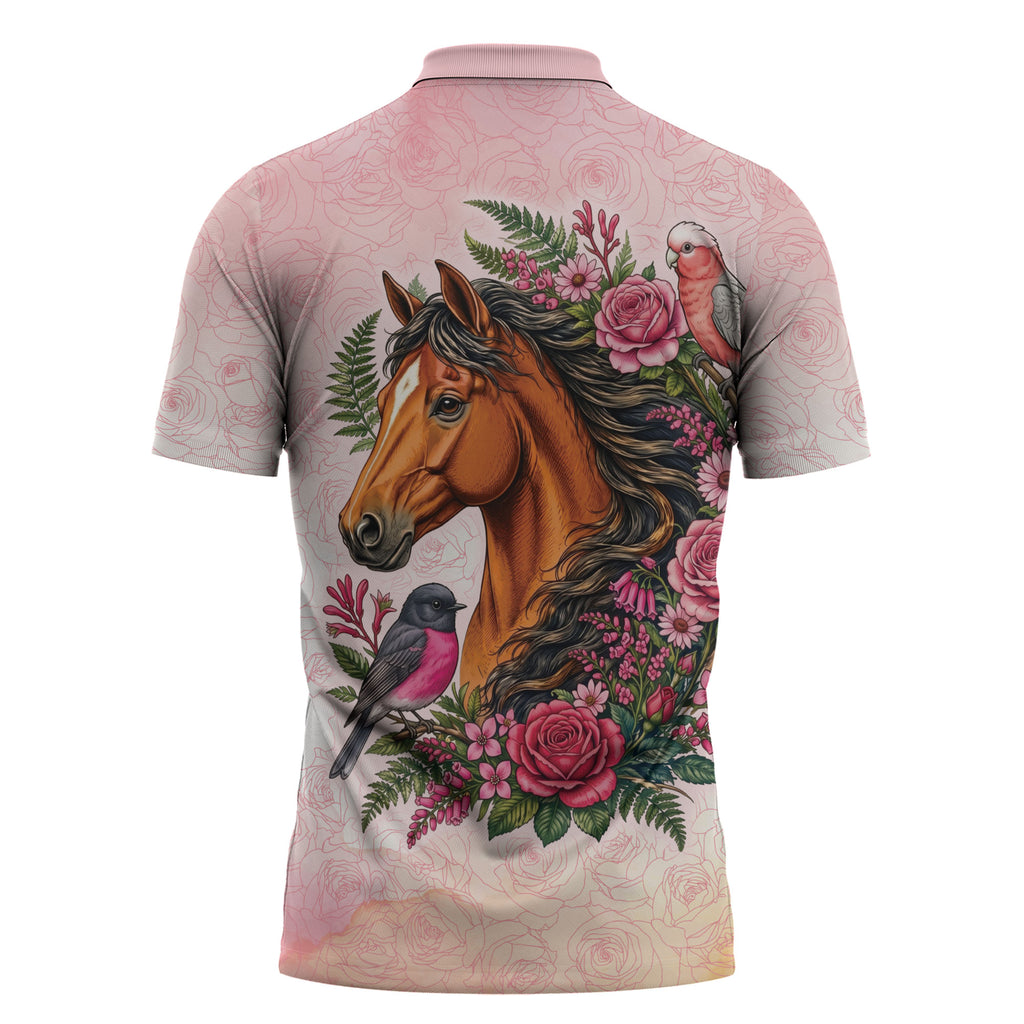 Melbourne Horse Pink Rose Wreath Zipper Polo Shirt Aussie Galah Cockatoo and Pink Robin