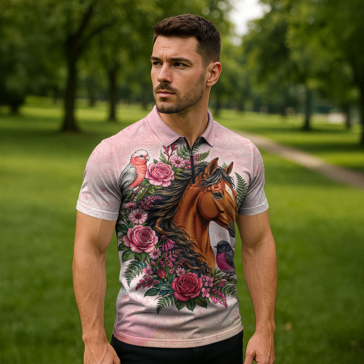 Melbourne Horse Pink Rose Wreath Zipper Polo Shirt Aussie Galah Cockatoo and Pink Robin