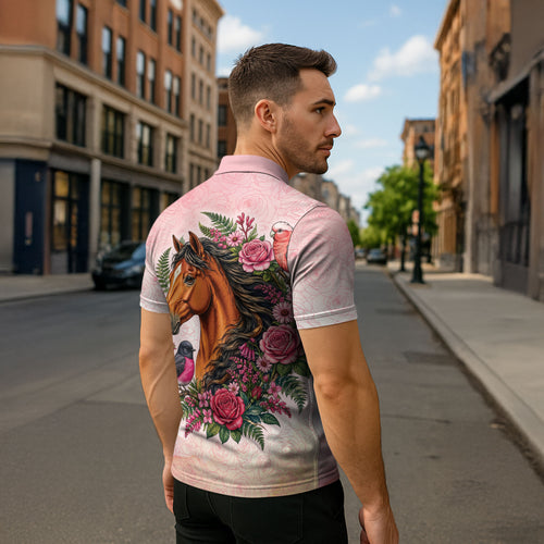 Melbourne Horse Pink Rose Wreath Zipper Polo Shirt Aussie Galah Cockatoo and Pink Robin