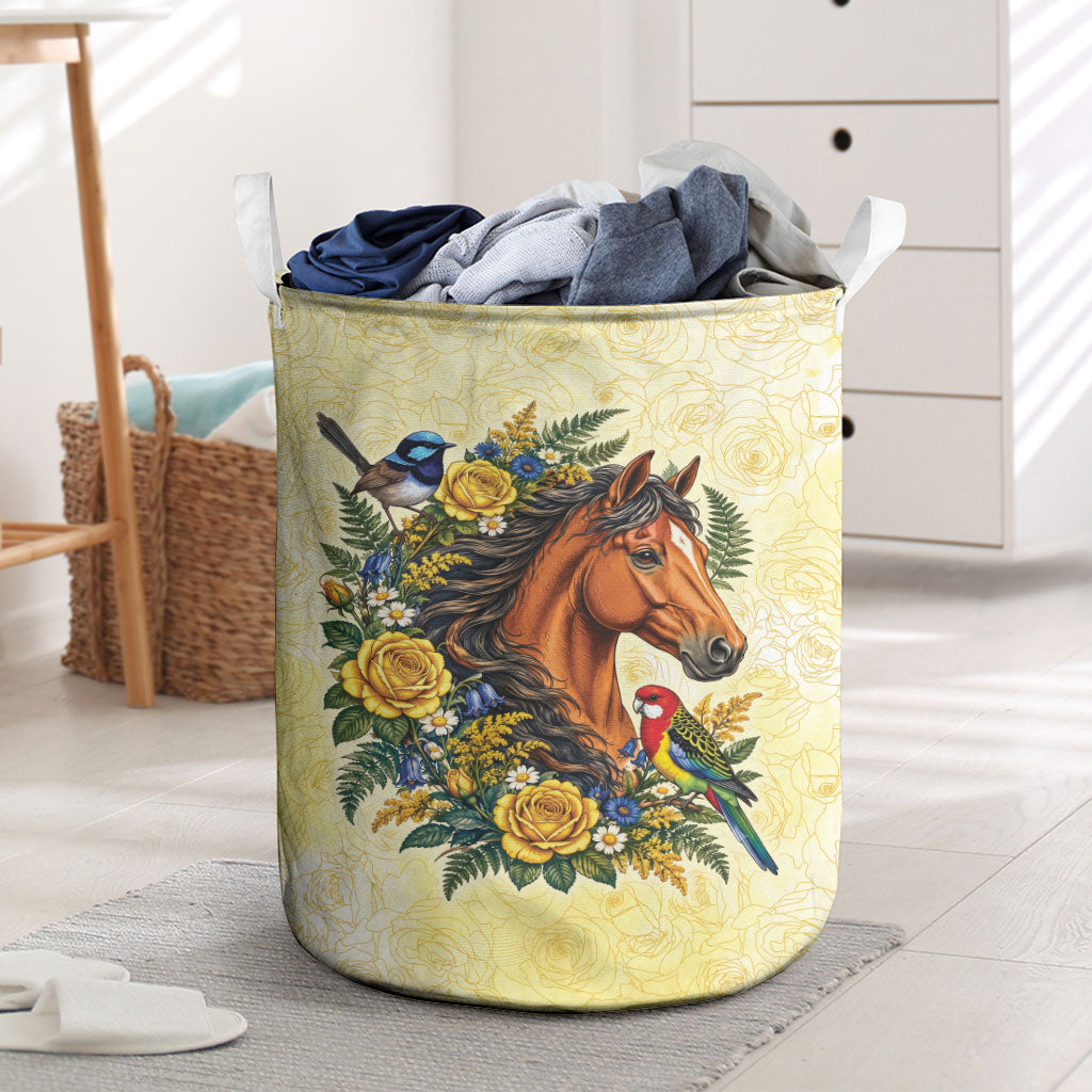 Melbourne Horse Yellow Rose Wreath Laundry Basket Aussie Blue Wren and Rosella Parrot