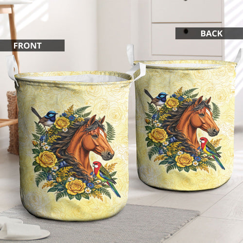 Melbourne Horse Yellow Rose Wreath Laundry Basket Aussie Blue Wren and Rosella Parrot