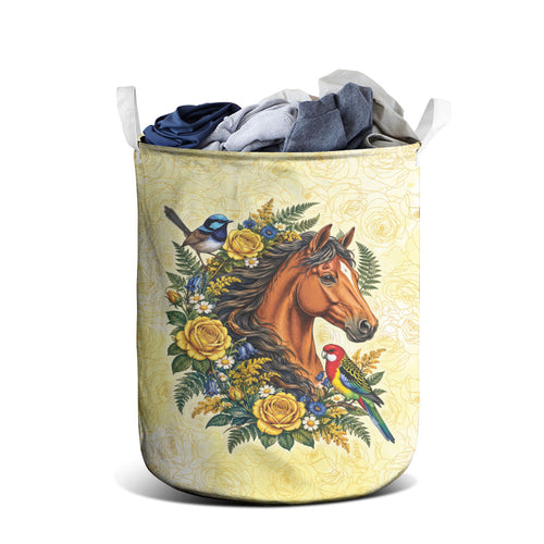 Melbourne Horse Yellow Rose Wreath Laundry Basket Aussie Blue Wren and Rosella Parrot