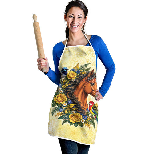 Melbourne Horse Yellow Rose Wreath Apron Aussie Blue Wren and Rosella Parrot