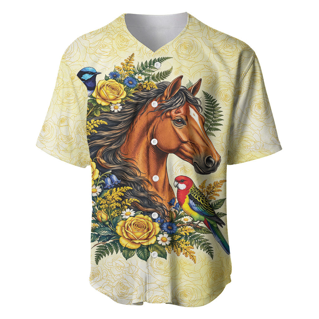 Melbourne Horse Yellow Rose Wreath Baseball Jersey Aussie Blue Wren and Rosella Parrot