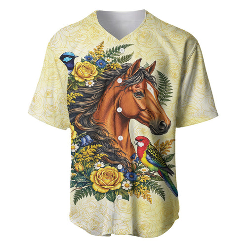Melbourne Horse Yellow Rose Wreath Baseball Jersey Aussie Blue Wren and Rosella Parrot