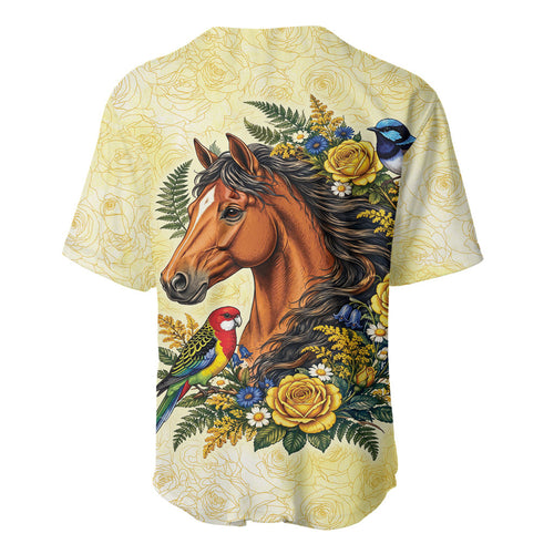 Melbourne Horse Yellow Rose Wreath Baseball Jersey Aussie Blue Wren and Rosella Parrot