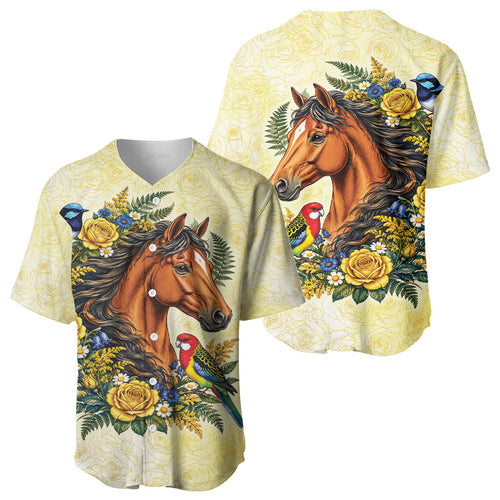 Melbourne Horse Yellow Rose Wreath Baseball Jersey Aussie Blue Wren and Rosella Parrot
