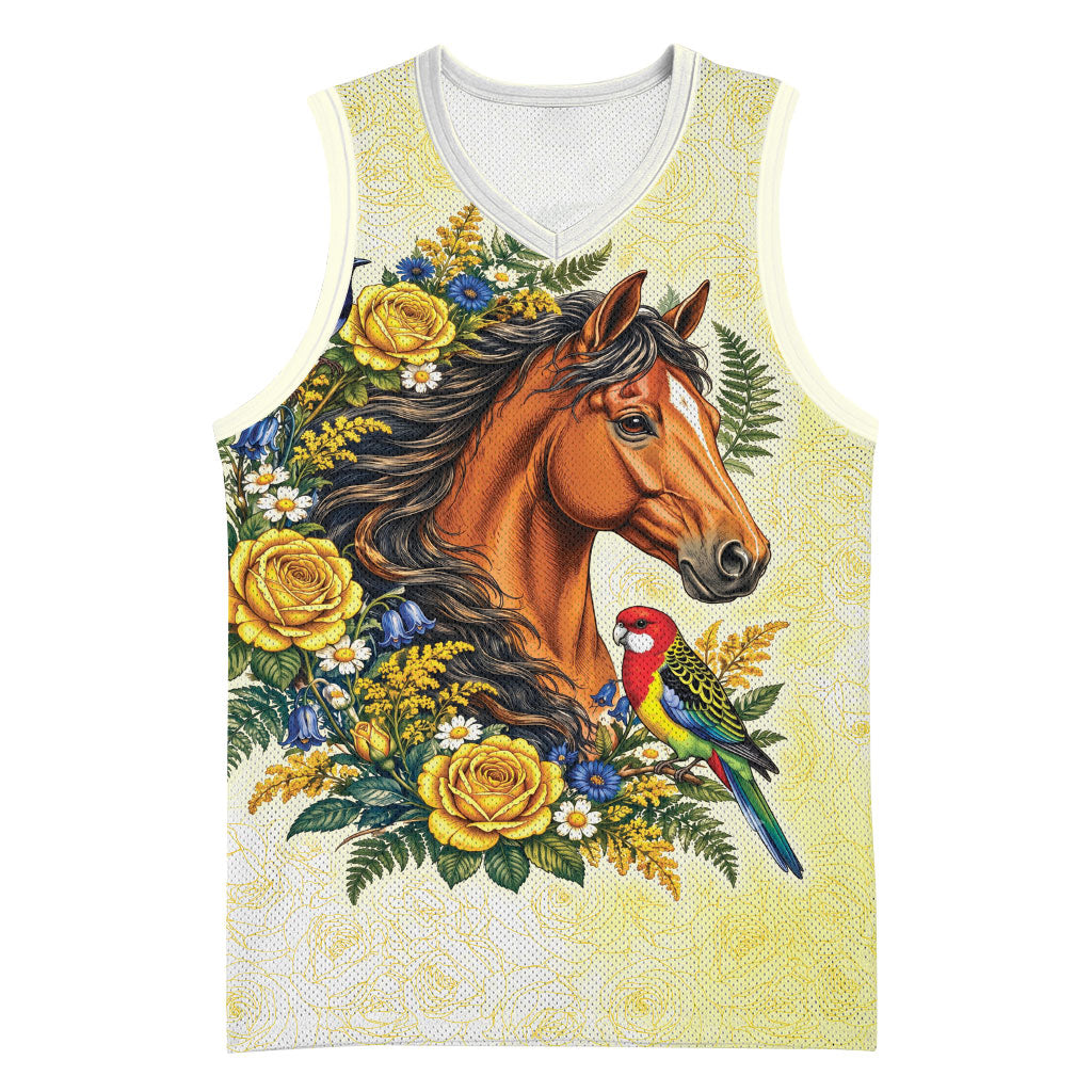 Melbourne Horse Yellow Rose Wreath Basketball Jersey Aussie Blue Wren and Rosella Parrot
