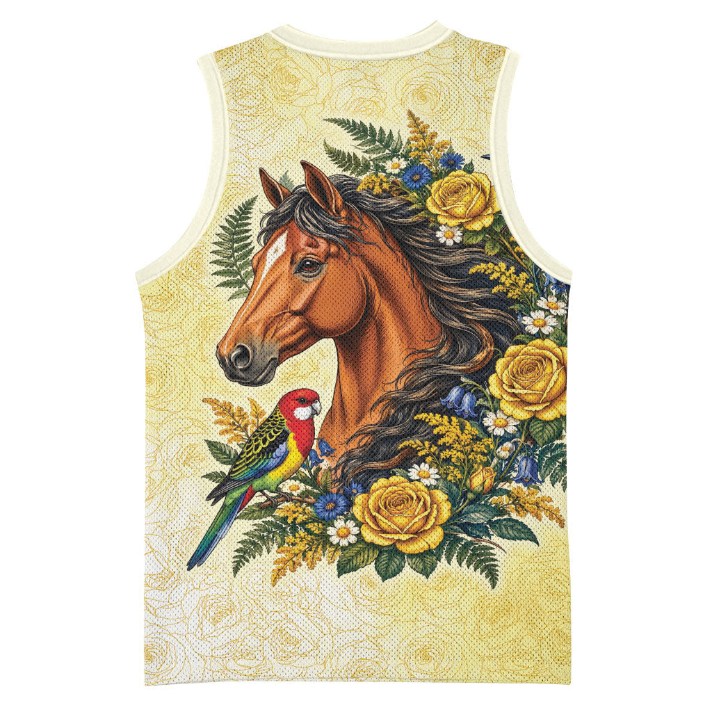 Melbourne Horse Yellow Rose Wreath Basketball Jersey Aussie Blue Wren and Rosella Parrot