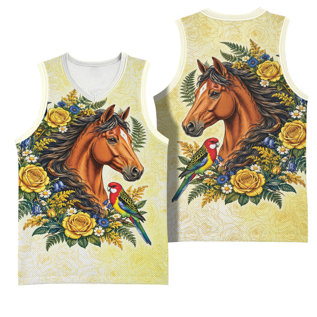 Melbourne Horse Yellow Rose Wreath Basketball Jersey Aussie Blue Wren and Rosella Parrot