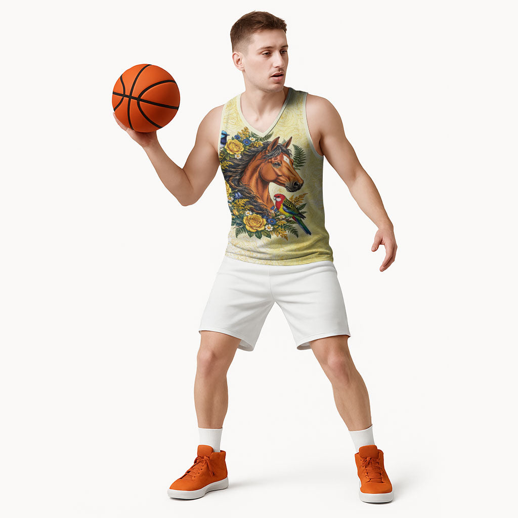 Melbourne Horse Yellow Rose Wreath Basketball Jersey Aussie Blue Wren and Rosella Parrot