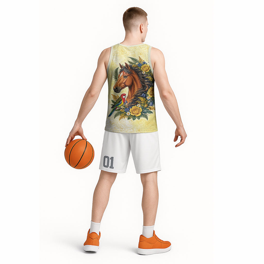 Melbourne Horse Yellow Rose Wreath Basketball Jersey Aussie Blue Wren and Rosella Parrot