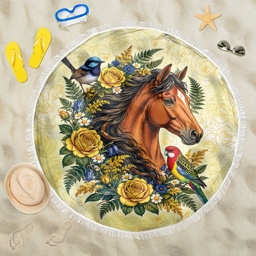 Melbourne Horse Yellow Rose Wreath Beach Blanket Aussie Blue Wren and Rosella Parrot