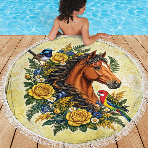 Melbourne Horse Yellow Rose Wreath Beach Blanket Aussie Blue Wren and Rosella Parrot