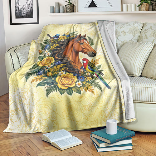 Melbourne Horse Yellow Rose Wreath Blanket Aussie Blue Wren and Rosella Parrot