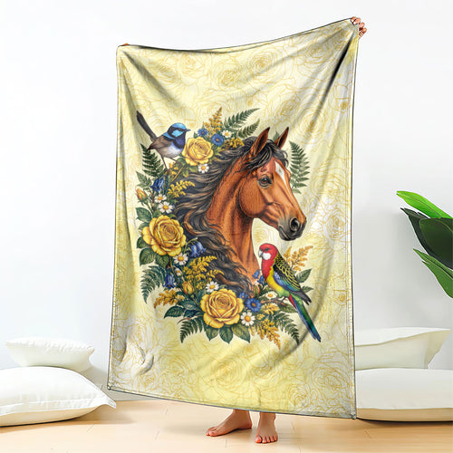 Melbourne Horse Yellow Rose Wreath Blanket Aussie Blue Wren and Rosella Parrot