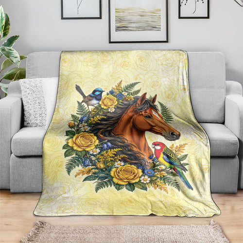 Melbourne Horse Yellow Rose Wreath Blanket Aussie Blue Wren and Rosella Parrot