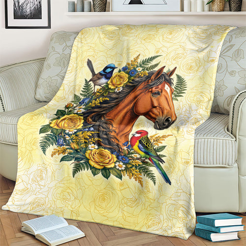 Melbourne Horse Yellow Rose Wreath Blanket Aussie Blue Wren and Rosella Parrot