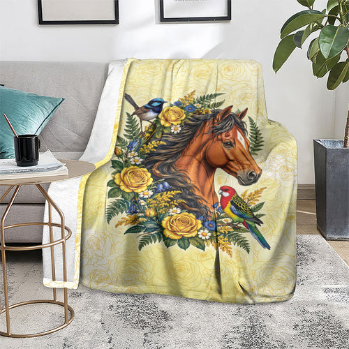Melbourne Horse Yellow Rose Wreath Blanket Aussie Blue Wren and Rosella Parrot