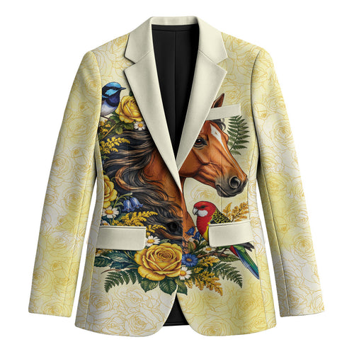 Melbourne Horse Yellow Rose Wreath Blazer Aussie Blue Wren and Rosella Parrot
