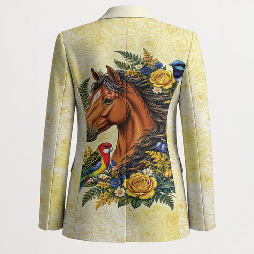 Melbourne Horse Yellow Rose Wreath Blazer Aussie Blue Wren and Rosella Parrot