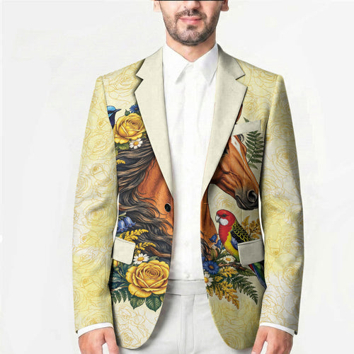 Melbourne Horse Yellow Rose Wreath Blazer Aussie Blue Wren and Rosella Parrot