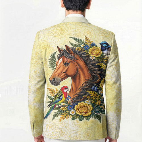 Melbourne Horse Yellow Rose Wreath Blazer Aussie Blue Wren and Rosella Parrot