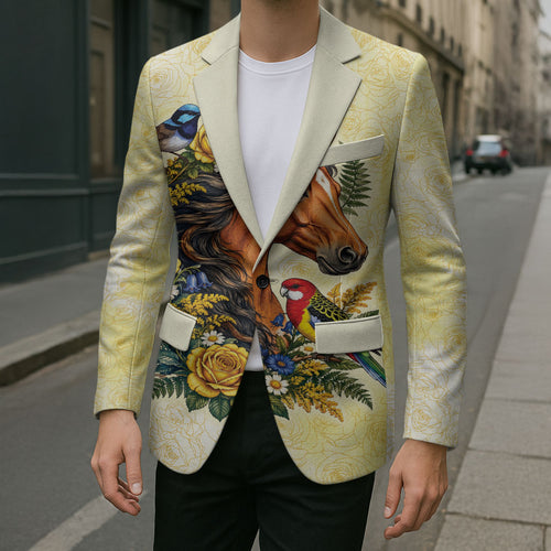 Melbourne Horse Yellow Rose Wreath Blazer Aussie Blue Wren and Rosella Parrot