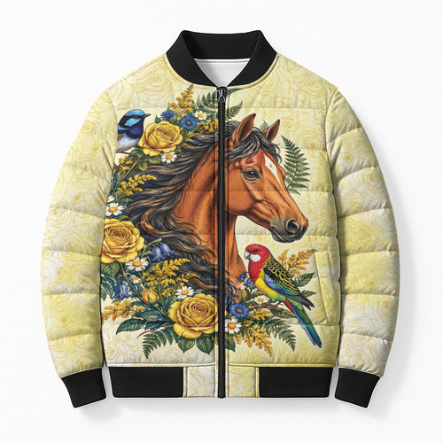 Melbourne Horse Yellow Rose Wreath Bomber Puffer Jacket Aussie Blue Wren and Rosella Parrot