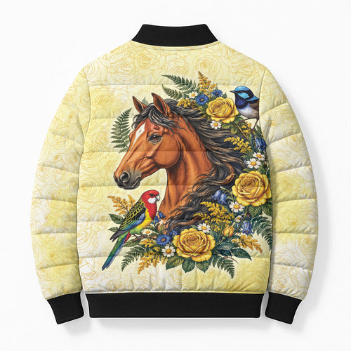 Melbourne Horse Yellow Rose Wreath Bomber Puffer Jacket Aussie Blue Wren and Rosella Parrot