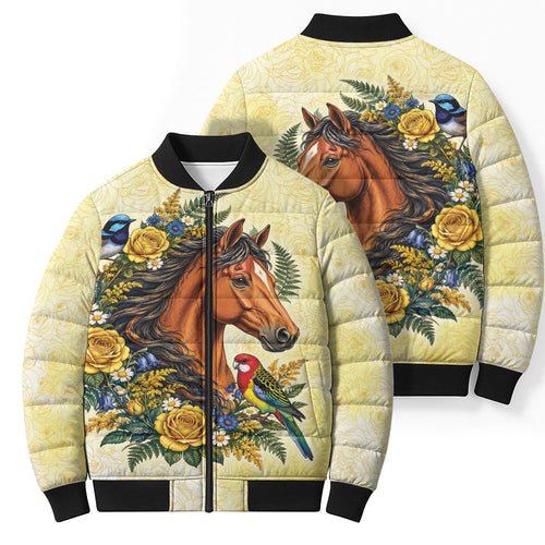Melbourne Horse Yellow Rose Wreath Bomber Puffer Jacket Aussie Blue Wren and Rosella Parrot