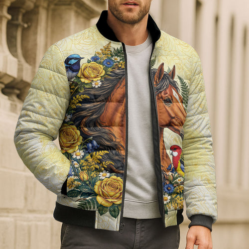 Melbourne Horse Yellow Rose Wreath Bomber Puffer Jacket Aussie Blue Wren and Rosella Parrot